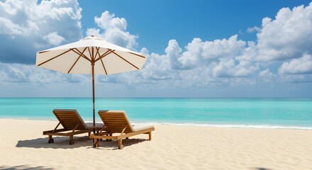 Obraz premium Tranquil Beach Scene with Turquoise Ocean and Two Beach Chairs under White Umbrella
