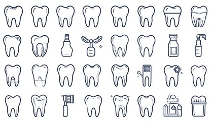 A comprehensive collection of dental procedures and hygiene icons, showcasing various tooth treatments, and illustrating different aspects of oral care.