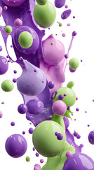 purple and green paint drops in 3d cartoon render with glossy texture playful colorful abstract design