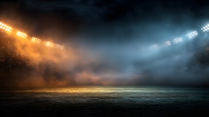 Misty Football Field With Orange And Blue Stadium Lights In Dramatic Fog Atmosphere
