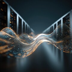 Data stream flowing through server racks