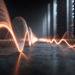 Orange light trails, wavy lines on dark concrete floor, city backdrop