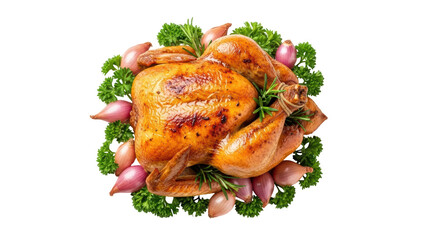 Isolated cooked roasted turkey with fresh herbs for Thanksgiving and holiday dinner celebration
