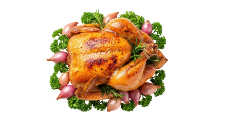 Isolated cooked roasted turkey with fresh herbs for Thanksgiving and holiday dinner celebration