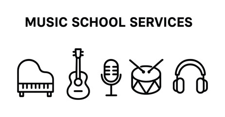 Music school services: piano, guitar, microphone, drum, headphone icons
