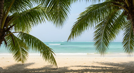 Obraz premium Tropical Beach Paradise with Palm Trees White Sand and Turquoise Water in Bright Daylight