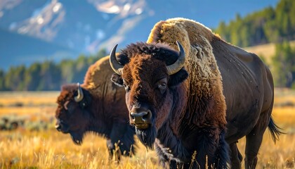 Two majestic bison stand in a golden meadow, framed by a backdrop of rolling hills and a vibrant blue sky.
