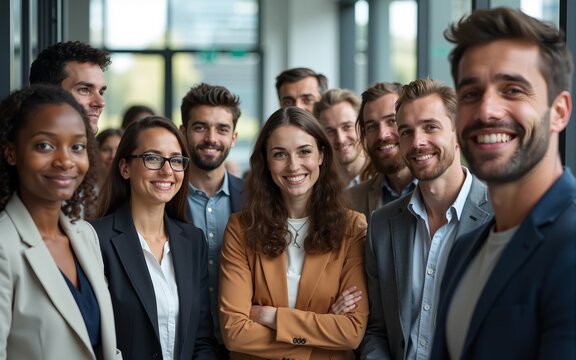 Energetic team of diverse professionals gather on the first day at the office building. High quality