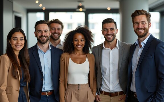 Energetic team of diverse professionals gather on the first day at the office building. High quality - Powered by Adobe