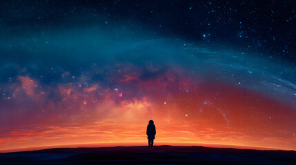 Fototapeta premium single astronaut silhouette standing on glowing horizon of neon planet with surreal cosmic nebula background