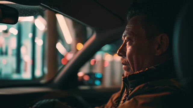 Taxi driver sitting in car waiting for passenger, urban night lights outside.