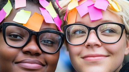 Diverse Women with Sticky Notes: Close-Up of Faces with Glasses and Colorful Notes