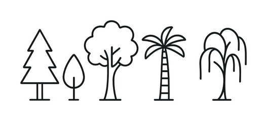 Outline illustrations of five different tree types: pine, oak, palm, willow, and poplar