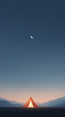 Outdoor camping tent illuminated beneath fading sunset merging into moonlit darkness