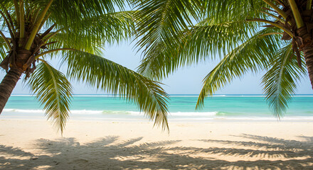 Fototapeta premium Tropical Beach Scene with White Sand and Turquoise Ocean Framed by Palm Trees Under Blue Sky