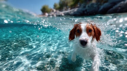 Dog Swimming Underwater Clear Turquoise Water Sunny Day White and Brown Furry Friend Vacation Ocean Scenery Holiday Seascape Summer Blue Sky Background