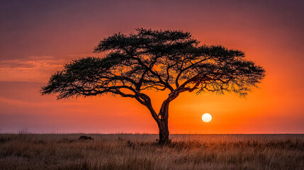Obraz premium Savannah Sunset: Tree silhouette at dusk. Captures African landscape at twilight. Use for travel, nature, editorial, or web design. Warm colors evoke peace and solitude.