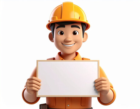 3d character of a contractor holding a blank board, on a white background