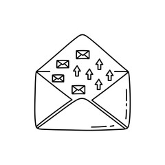 Doodle email inbox envelope with flap filled with arrow icons