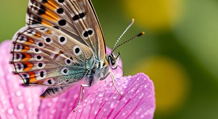 Obraz premium Close-up of a butterfly perched on a vibrant pink flower with dew drops, showcasing nature's beauty