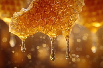 Golden Honeycomb Drips, Close-up Honey Flowing, Sweetness Captured.