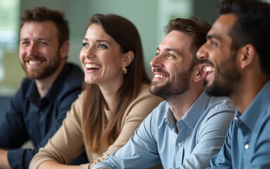 Diverse group of happy people engaging in a business panel presentation. High quality