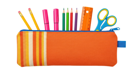 Isolated orange pencil case full of pencils, pens, ruler and blue handled scissors