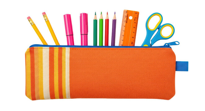 Isolated orange pencil case full of pencils, pens, ruler and blue handled scissors