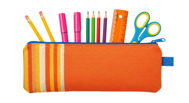 Isolated orange pencil case full of pencils, pens, ruler and blue handled scissors - Powered by Adobe