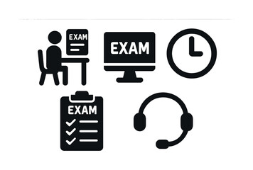 Exam preparation icons: student at desk, computer screen, clock, checklist, headset