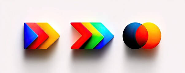 Three vibrant, layered arrow shapes and an overlapping sphere pair on a white background;  a playful, colorful design