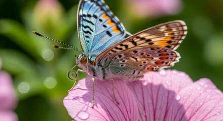 Fototapeta premium A vibrant butterfly perched delicately on a pink flower, surrounded by a lush garden backdrop