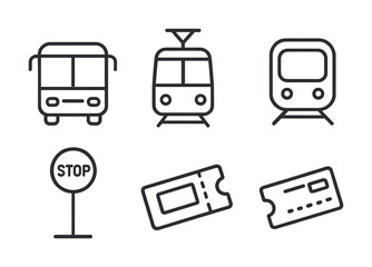 Public transportation icons: bus, tram, train, stop sign, tickets