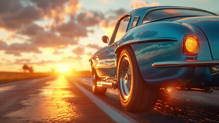 Realistic car driving on an open highway during golden hour sunset