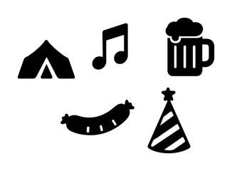 Camping adventure icons: tent, music, beer, sausage, party hat silhouettes