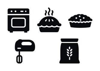 Baking symbols: oven, pies, mixer, flour bag icons for culinary design