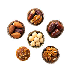 Assortment of Nuts and Dates in Individual Cups on Black almonds walnuts