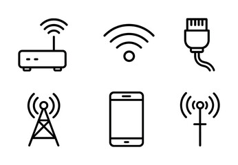 Icon set of internet connectivity symbols including router antenna and smartphone
