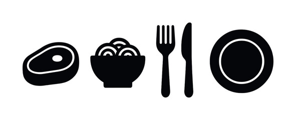 Silhouette icons of steak, pasta bowl, cutlery, and plate on white background
