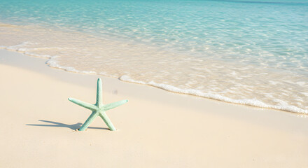 Fototapeta premium Turquoise Starfish on White Sand Beach with Clear Blue Water in Tropical Paradise Under Bright Sunlight