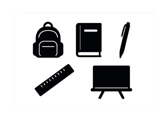 Black silhouette icons of backpack, book, pen, ruler, and easel