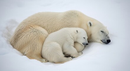 Fototapeta premium Mother polar bear cuddles sleeping cub in snowy landscape