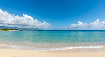 Fototapeta premium Turquoise Water Meets Sandy Shoreline Under Cloudy Sky in Bright Daylight Panorama
