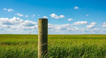 Rustic wooden fence post stands tall in a vibrant green meadow under a bright blue sky with fluffy white clouds.