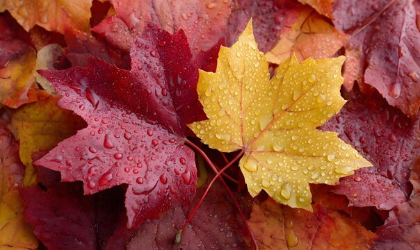 colorful autumn leaves with water droplets on them. the background is a mix of red, orange, and yellow maple leaves.