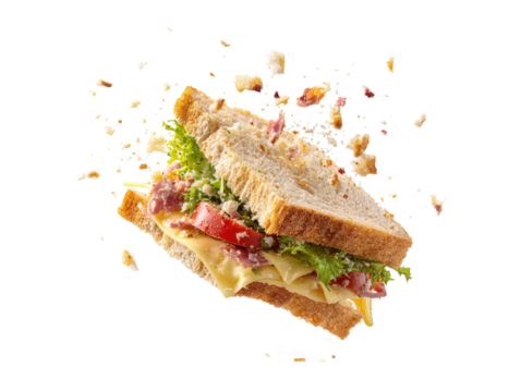 Ingredients fly out from a broken sandwich isolated on a white background