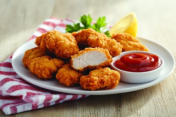 Crispy chicken nuggets isolated on white background, served with ketchup and lemon wedge on a white plate with a red and white checkered napkin