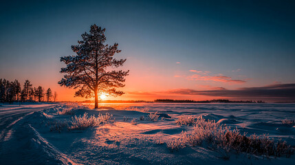 Sunrise bathes a snow-covered landscape, with a solitary tree silhouetted. Represents winter, peace. Ideal for web design, marketing, and editorial use.