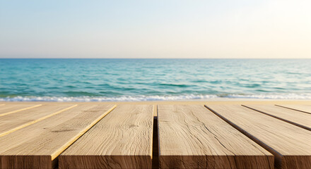Fototapeta premium Wooden Deck Overlooking Tranquil Turquoise Sea and Clear Sky