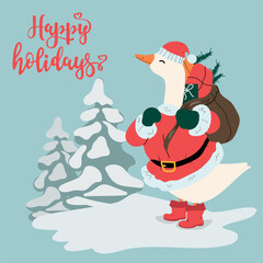 Santa goose with present box. Happy holidays hand lettering. Christmas goose hand drawn vector illustration